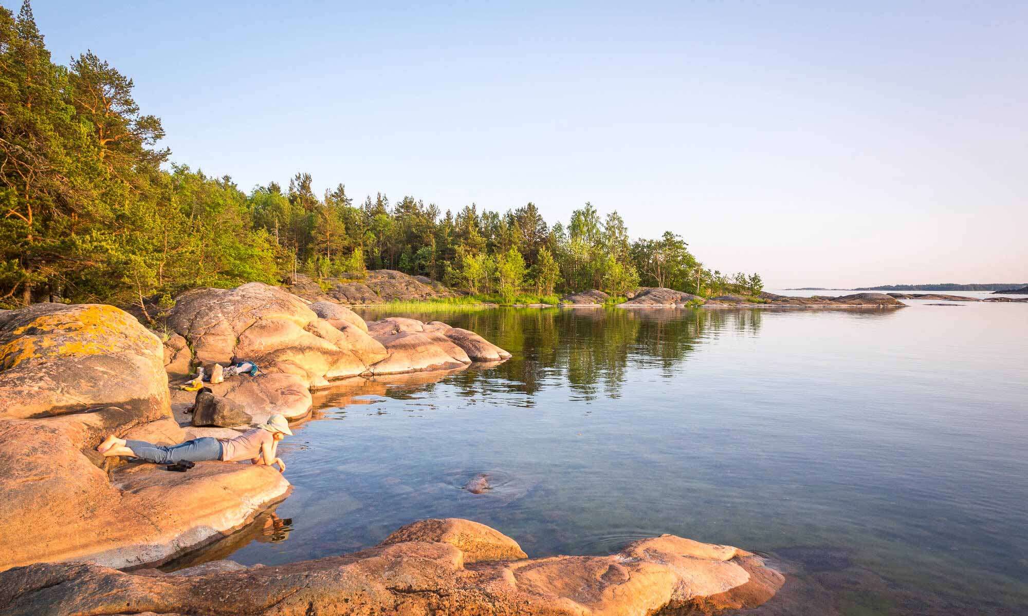 Finland's coast near Helsinki in summer, in June. Peace and quiet in nature on the Finnish coast. Nature in Finland, Helsinki.