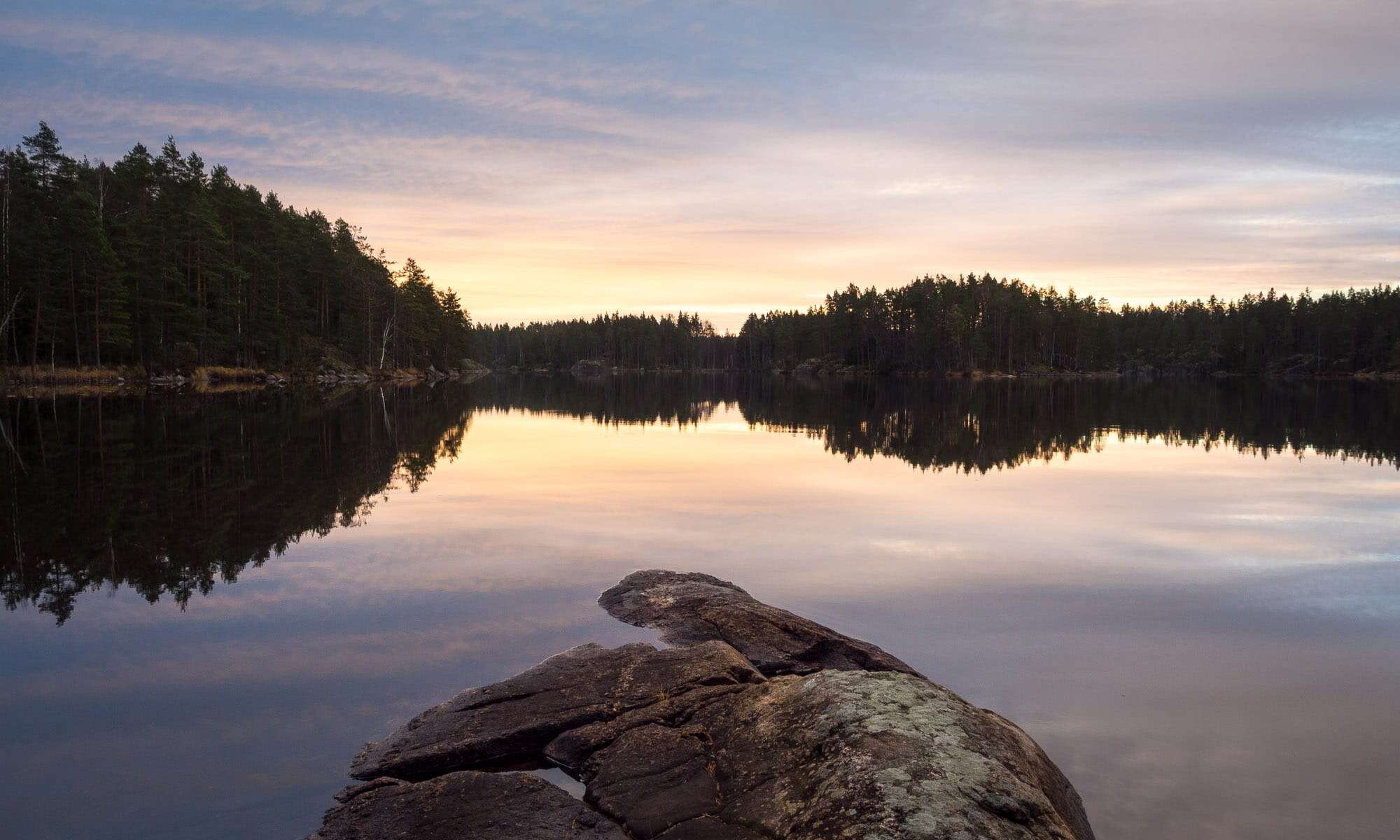Nuuksio National Park in fall. Peaceful November morning in Finnish nature. Nature near Helsinki, Finland.