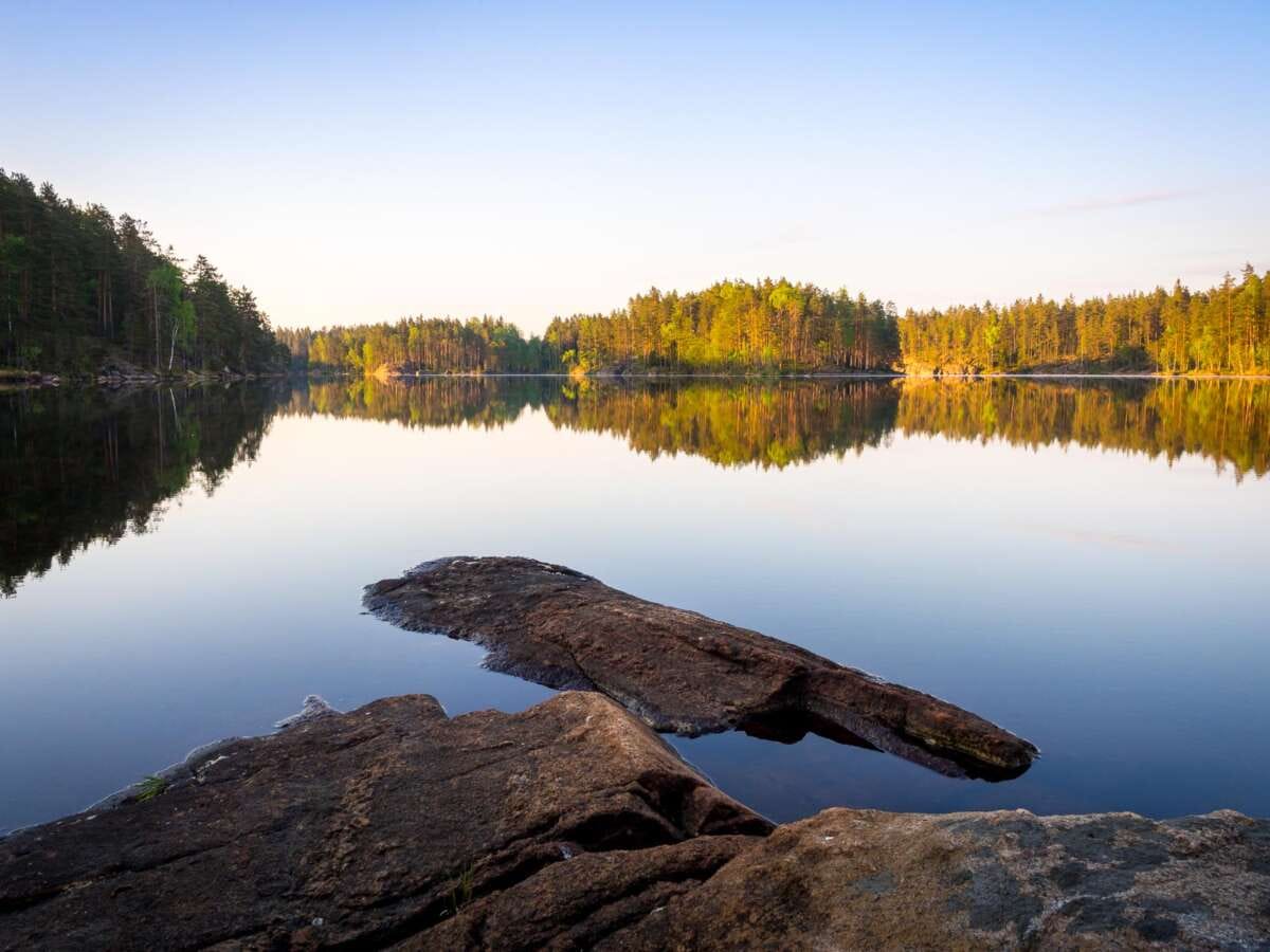 Nuuksio National Park in spring, in May. The best time of spring at the national parks lakes.