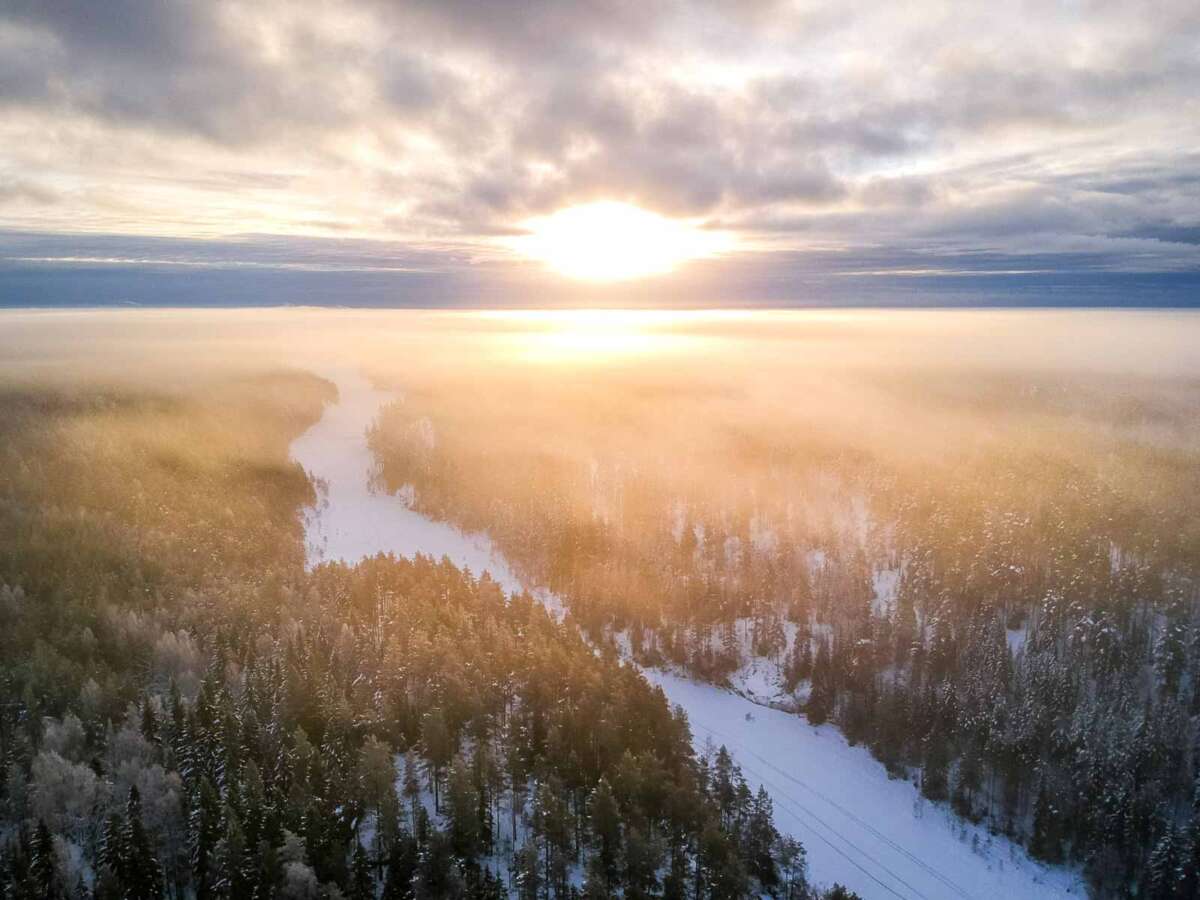 Nuuksio National Park in winter. Stunning winter view over Nuuksio National Park from a drone. Finnish nature near Helsinki.