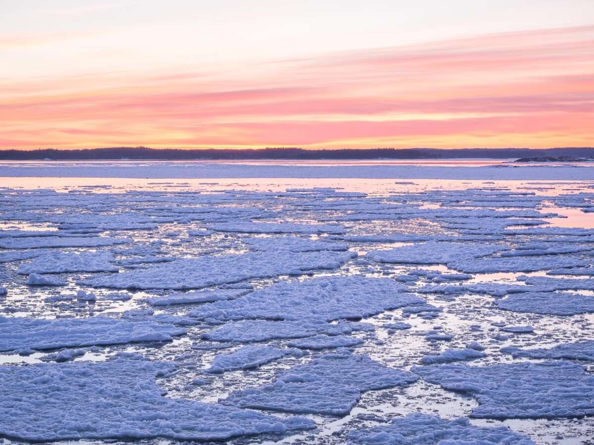 Coast of Baltic Sea around Helsinki in winter, in March. Ice rafts when frozen sea melts in spring.