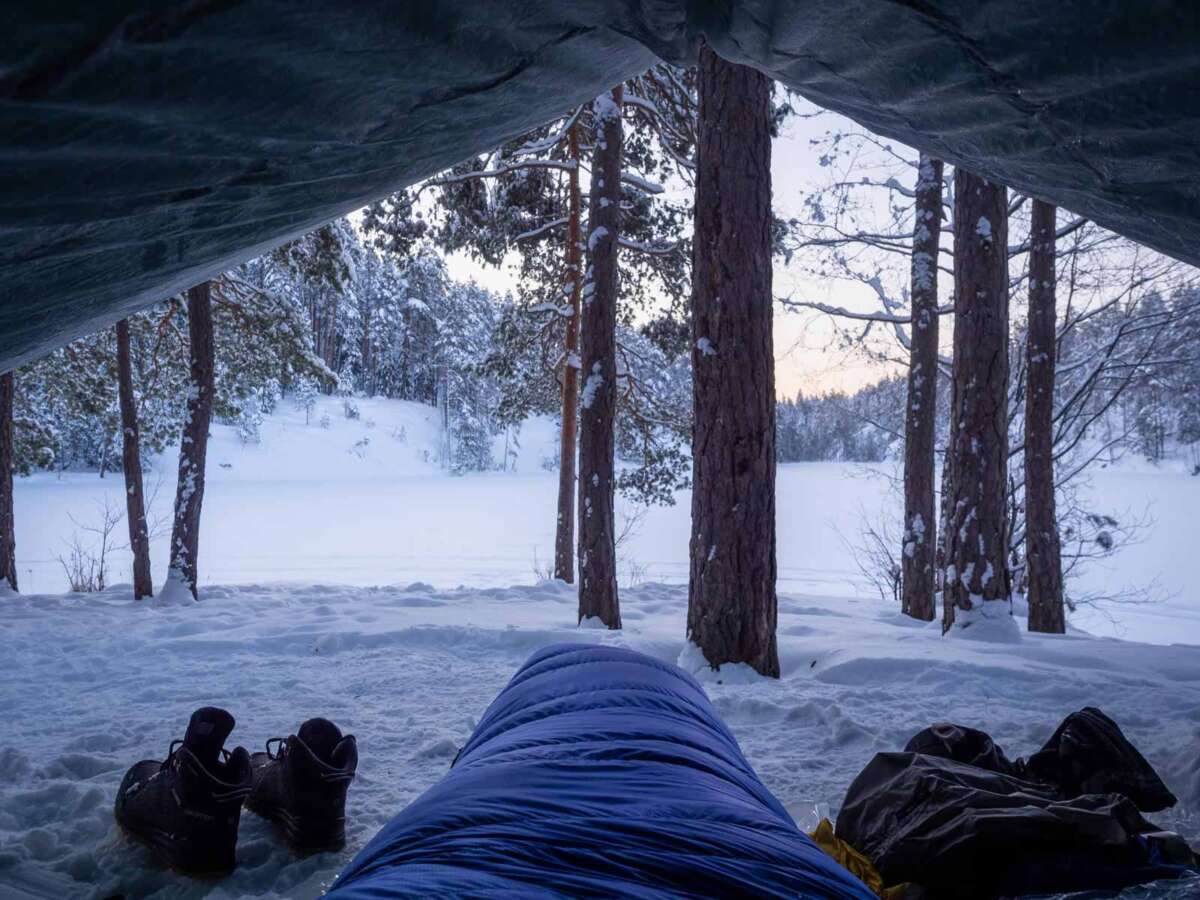 Nuuksio National Park in winter, camping with snowshoes.