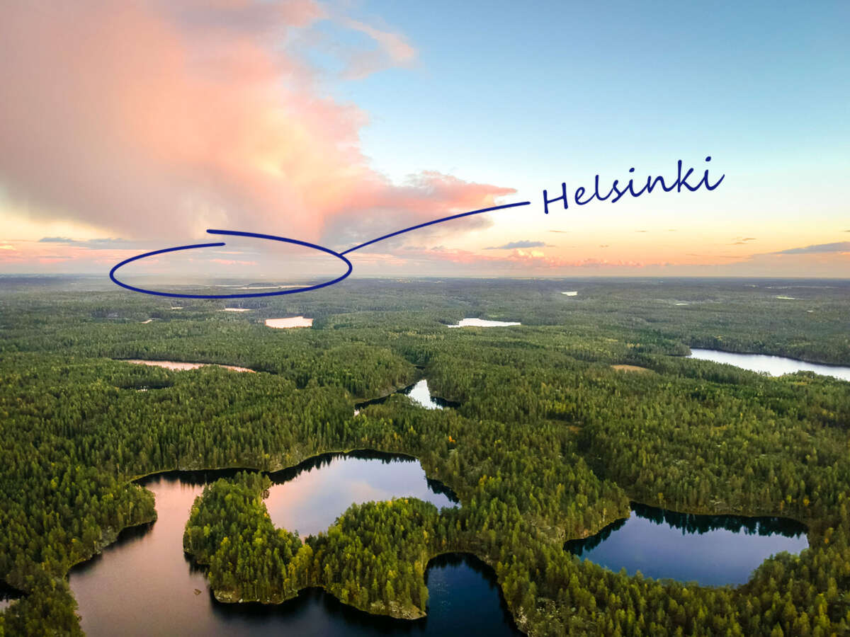 Nuuksio National Park in summer. Aerial drone photograph with Helsinki. Finnish nature.