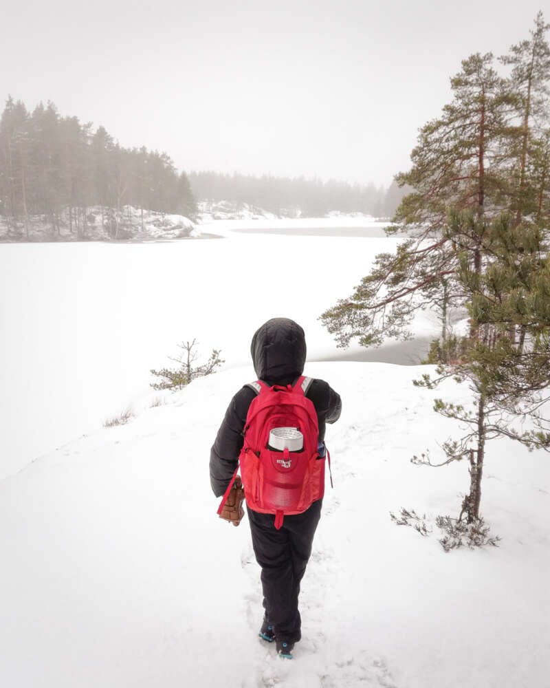 Nuuksio National Park in winter, in January. Hiking in the forest and at the frozen lakes.