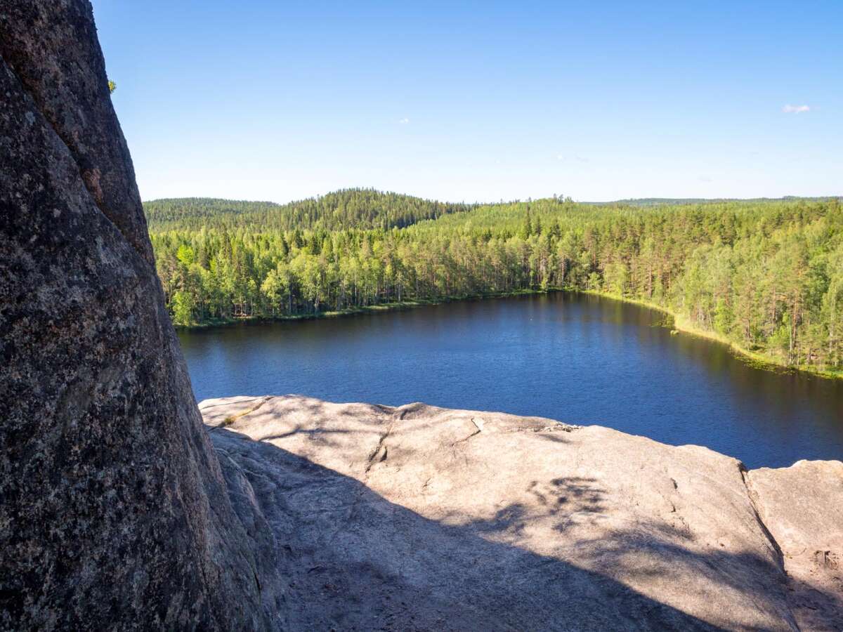 Repovesi National Park in summer, in June. Beautiful landscape from high rock. Nature in Finland near Helsinki.
