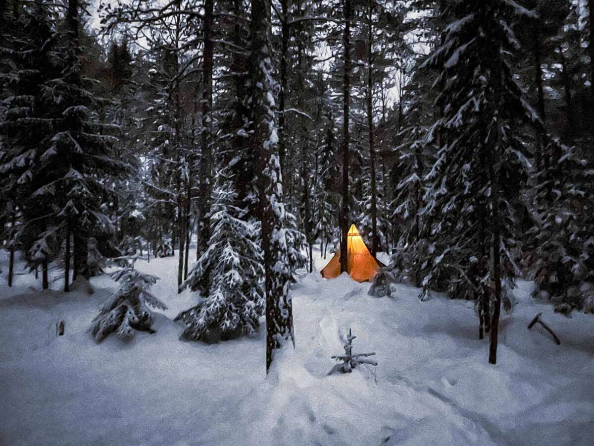 Winter camping in Nuuksio National Park, Helsinki, Finland.